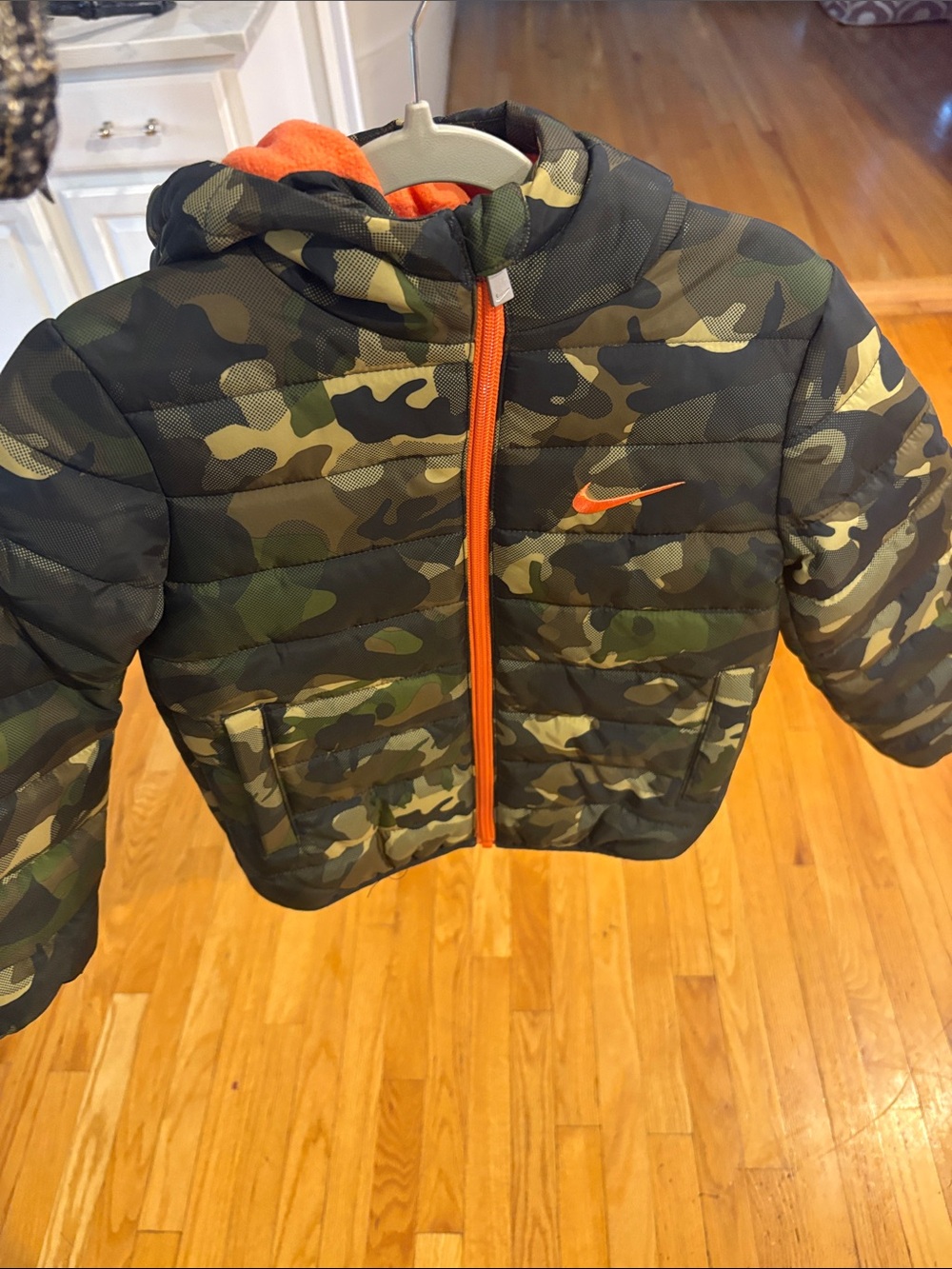 Nike Kids Camo Hooded Puffer Jacket with Orange Accents